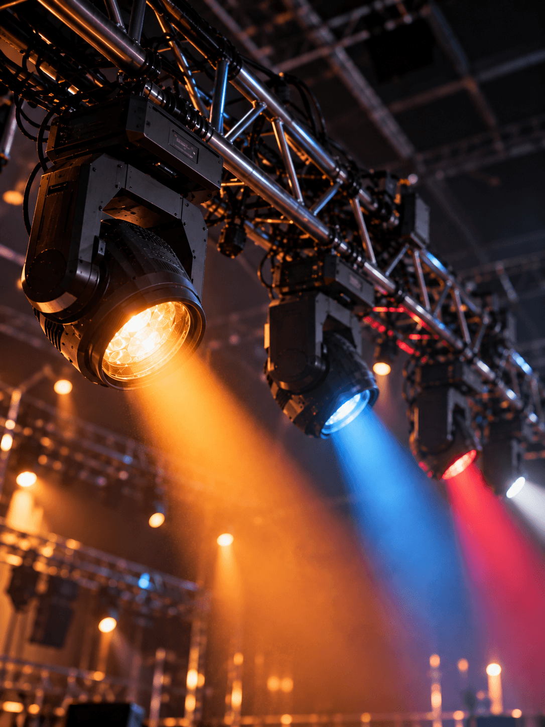 Moving Heads an einer Traverse mit farbigen Lichtstrahlen
