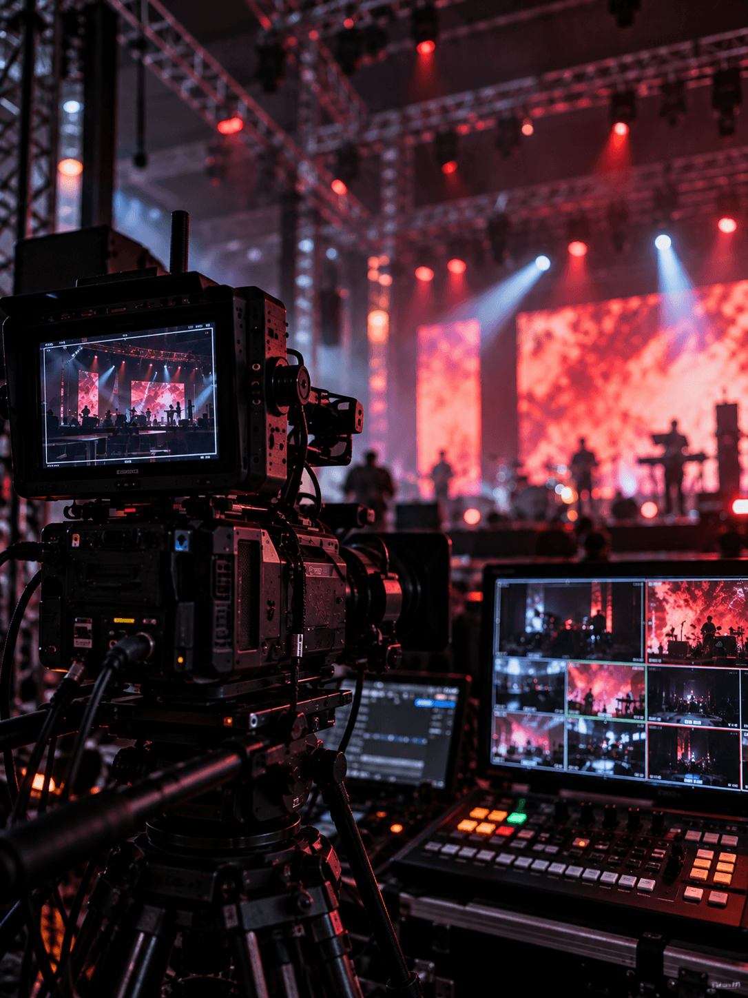 Kamera und Videomischer vor einer Bühne mit LED-Wänden
